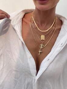 4 件套男女通用高端十字架吊坠多层项链套装，包括蛇骨链、水钻十字架吊坠颈链和多层项链套装 - 女友生日礼物，朋克风格耶稣十字架吊坠项链套装 - 金黃色 - 查看 3