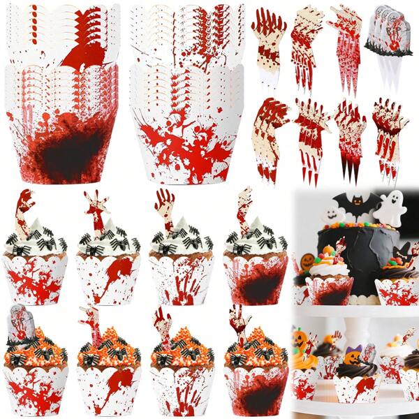 48/96 pezzi Decorazioni per cupcake per festa di Ognissanti, articoli per la decorazione di dolci orrore e sanguinolenti come mani zombi, lapidi, impronte di mani insanguinate, articoli per dolcetto o scherzetto, per decorare cupcake e dolci per feste di Ognissanti