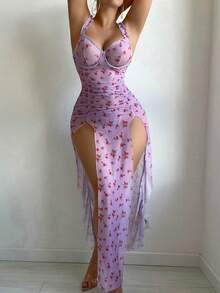 SOFUSEN 2pcs Floral Polka Dot Mesh Ruffle Trim Split Thigh Cami Nightdress Set With Underwire Bra & Thong,Valentine's Day,   Gifts - 粉紅紫色兩件套 - 查看 4