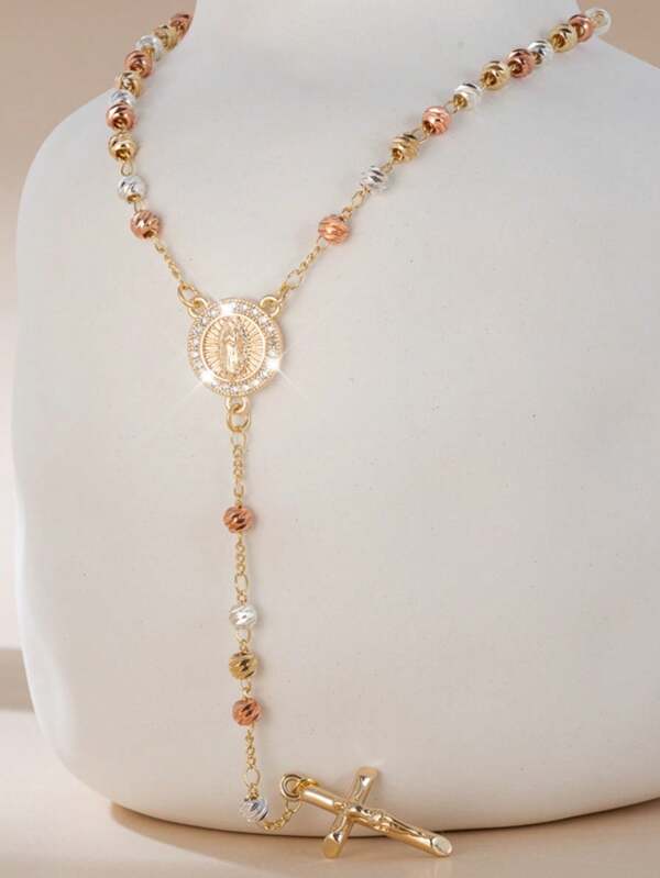 14K Gold Plated Elegant Luxury Cross & Virgin Mary Pendant Necklace, Handmade Beaded Tri-Color Necklace, Unique Sweater Chain Design, Suitable For Women, Party And Valentine's Day Gift
