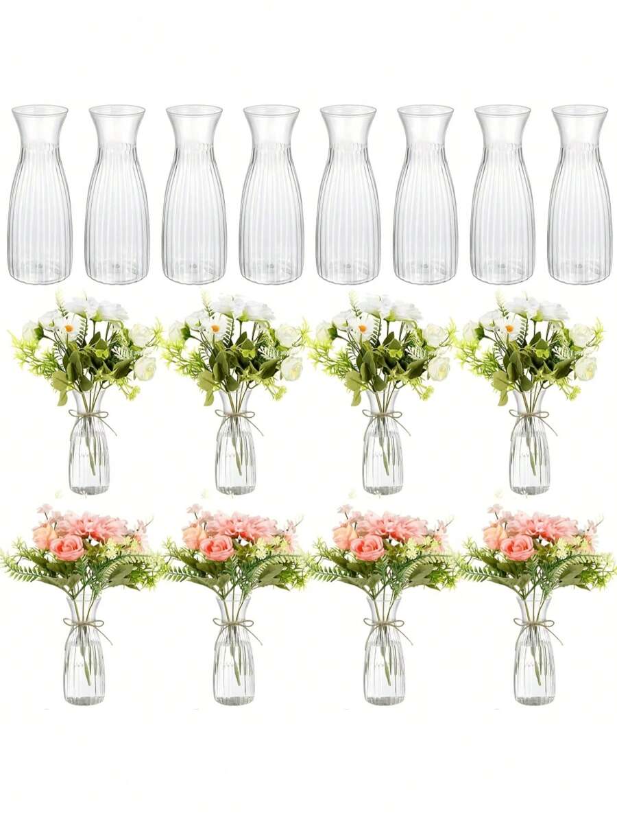2/4/10 piezas Jarrones de plástico a rayas, jarrones de flores transparentes, manualidades de arreglos florales DIY, adecuados para diversos ramos y exhibición de decoración DIY, festivales y decoración del hogar, aplicables a la decoración de mesas, bodas, hogar, cenas, accesorios de decoración de jarrones, decoración de habitaciones, jarrones de vidrio