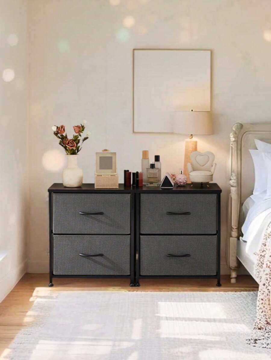 2-Piece Nightstand Set With 2 Fabric Drawers – Wooden Top Bedside Tables For Bedroom/Small Spaces/Dorms. Dual Use As Small Dressers/Nightstands