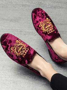 男士红色乐福鞋刺绣复古牛津一脚蹬平底正装鞋、驾车鞋、婚鞋 - 紅色 - 查看 8