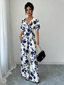 女式褶皱不对称黑白印花连体裤，腰带高腰阔腿宽松休闲工作连体裤 - 藏蓝色 - 查看 3