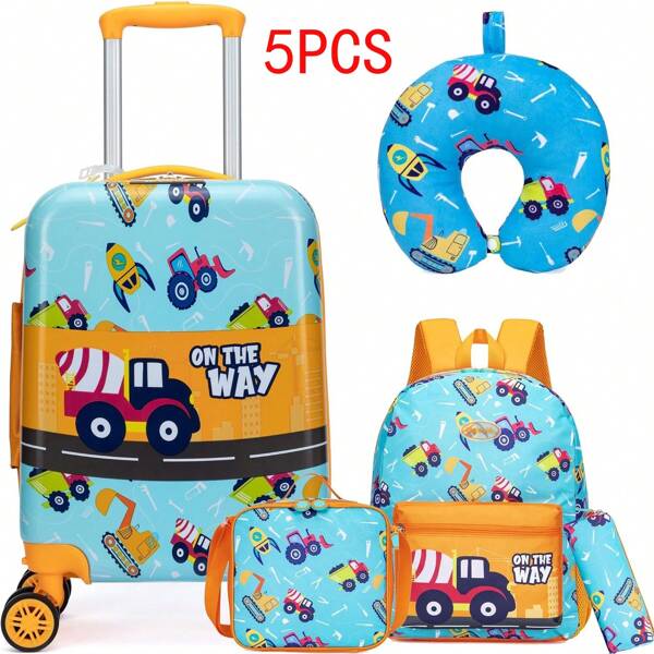 5 PCS Cool Carton Luggage Backpack For Boys Students With Wheels Travel Bag For Kids Boys Suitcase Children Back To Shool