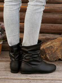 Women Casual Flat Ankle Boots, Retro Solid Color Slip-On Short Boots, Comfortable Outdoor Boots