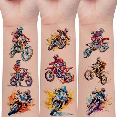 12pcs, Glitter Temporary Tattoo Stickers, Cartoon Motorcycle Series, 138 Elements Of Off-Road Motorcycle Racers, Glittering Fun Artistic Makeup Tattoo Stickers, Suitable As Birthday Party Gifts