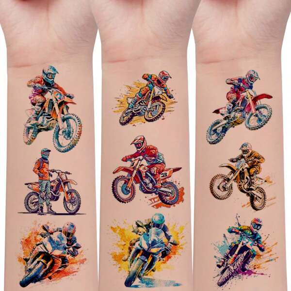 12 piezas, Tatuajes temporales con brillo, Serie de motocicletas de dibujos animados, 138 elementos de pilotos de motocross, Tatuajes artísticos brillantes y divertidos, Adecuado como regalos para fiestas de cumpleaños
