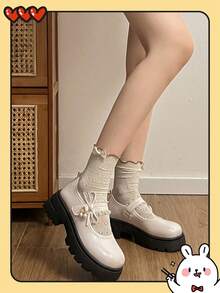 女士厚底厚底乐福鞋/黑色搭扣蝴蝶结小皮鞋，2025春季新款复古英伦风JK玛丽珍鞋哥特鞋/珍珠装饰/低跟鞋/哥特风/厚底乐福鞋/女士平底乐福鞋 - 米色 - 查看 3