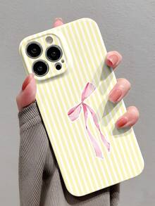 1 件简约彩色条纹粉色蝴蝶结设计亮面穿孔塑料手机壳，适用于 11/12/13/14/15/16 Pro Max 防水防震防摔防刮
