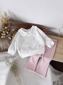 2pcs/Set Baby Girls Floral Embroidered Peter Pan Collar Long Sleeve Sweatshirt & Frilly Long Pants, Spring/Autumn