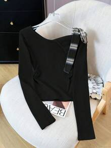 不对称蝴蝶结露肩针织毛衣，女式修身长袖上衣 - 黑色 - 查看 7