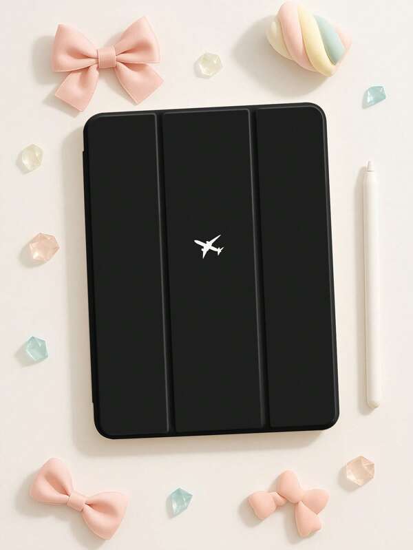 1pc Minimalist Black Background Plane Pattern Silicone Shock Proof Tablet Protective Case With Pen Slot, Compatible With Multiple IPad Models, Holiday/Birthday Gift