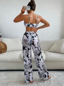 Tropical Print High Slit 3 Piece Bikini Set Summer Beach Cover Up