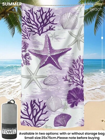 1 toalla de playa estampada, toalla de baño con diseño de estrella de mar morada, toalla de moda para la playa, toalla de microfibra súper absorbente, ligera y portátil, con protección contra el viento y el sol, a prueba de  para viajes de verano, vacaciones y decoración del baño. Se recomiendan tamaños regulares y tamaños talla grande grandes (35*75cm tamaño pequeño, se recomienda 150cm o talla grande)