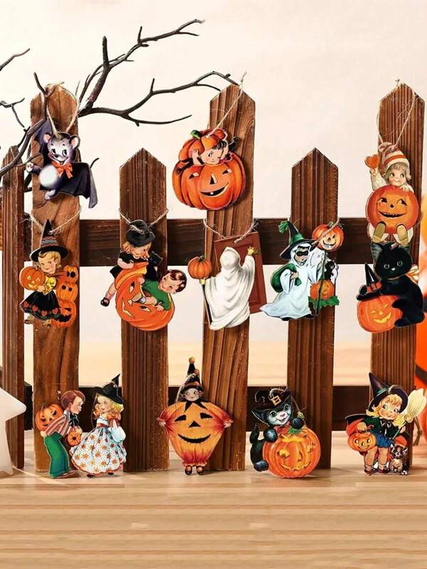 12 sztuk/zestaw dekoracji na Halloween, drewniane drzewo dekoracyjne na Halloween, dynia w stylu vintage, czarny kot, wisiorki nietoperza, odpowiednie do wystroju w stylu vintage na Halloween, wystroju jesiennego, wystroju na imprezę świąteczną i nie tylko