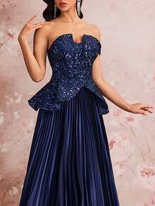 Váy dạ hội cổ điển hở vai BluePlum dành cho nữ, váy dạ hội không tay, sang trọng, xếp ly, gợi cảm, cầu kỳ, đính cườm lấp lánh, sang trọng, màu xanh navy. - Màu xanh hải quân - Xem 7