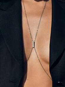 1 件银色性感时尚水钻 X 型胸链比基尼文胸配饰身体首饰，夏季海滩度假 - 銀色 - 查看 7