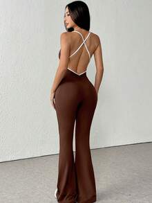 1pc Sleeveless Solid Color Thin Camisole Contrast Color Tight Jumpsuit Wide Leg Flare Casual Sexy Backless Romper Shapewear Bodysuit - Brown - View 6