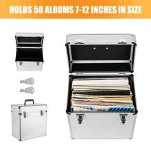 12" Vinyl LP Record Storage Box Storage Box Case Aluminum Portable Lockable DJ Flight Carry Case Holds 50pcs Albums - Silver - View 3