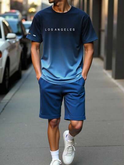 2pcs Men's Summer Printed Short Sleeve T-Shirt And Casual Shorts Set