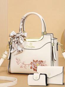 女士时尚包袋套装 - 优雅几何印花、仿皮托特包、斜挎包和手拿包 - 藍色 - 查看 10