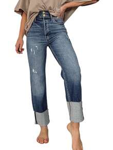 Women's High-Waisted Stretch Slim-Fit Straight-Leg Jeans With Cuffed Design, Elegant Blue Denim Pants Suitable For Commuting, Travel, Streetwear And All Seasons - Blue - View 5