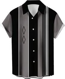 Vintage 1950s Casual Short Sleeve Button Up Contrast Summer Color Block Cuban Bowling Shirts Men - 黑灰幾何圖案 - 查看 1