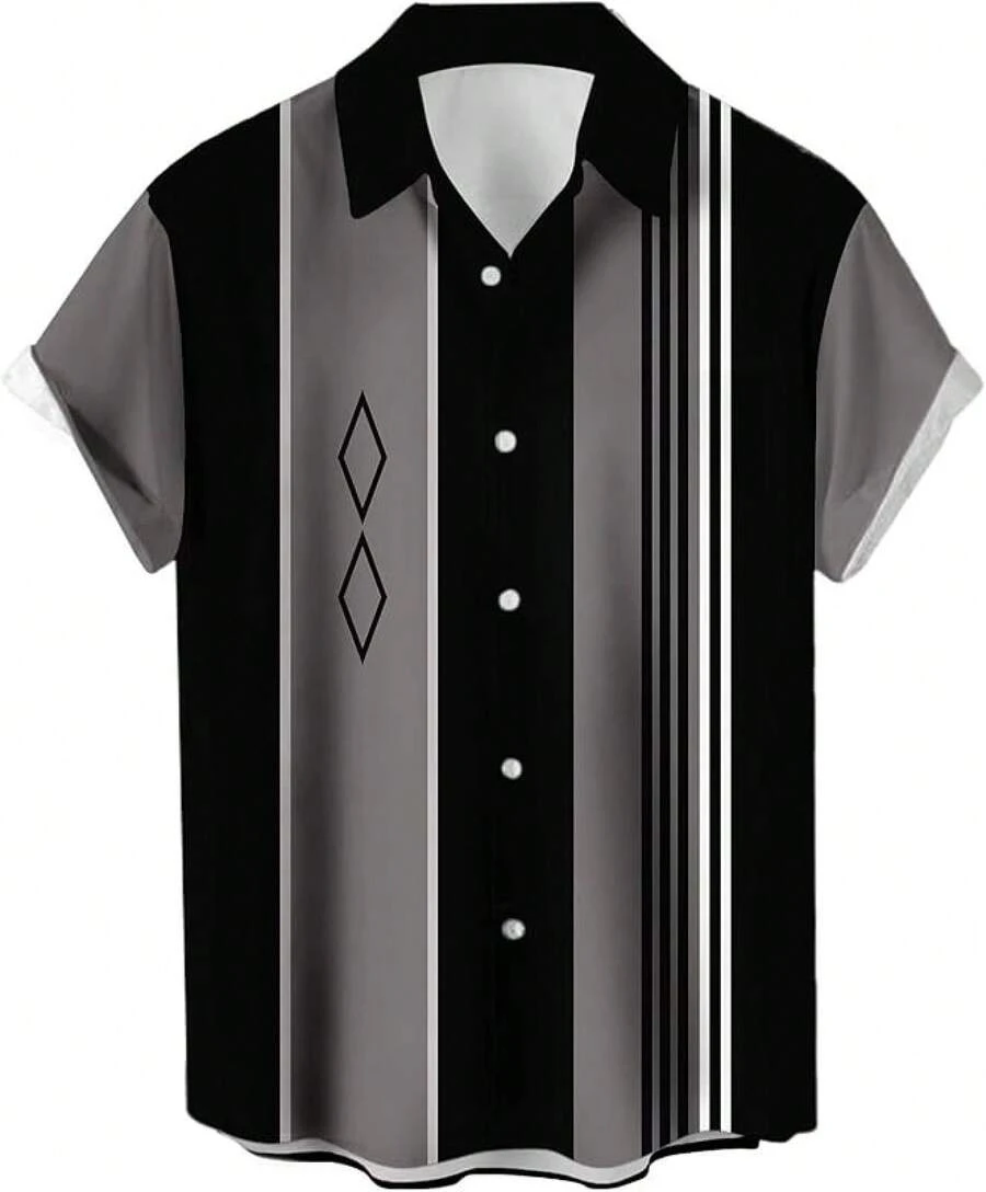Vintage 1950s Casual Short Sleeve Button Up Contrast Summer Color Block Cuban Bowling Shirts Men - 黑灰幾何圖案 - 查看 1