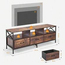 Mueble para TV Grande 147 CM, Mesa Con Regleta, Centro de Entretenimiento, Marco Metálico, 3 Cajones de Tela, para Salón, Dormitorio, 147*40*51 CM, Marrón - 1 - Ver 3