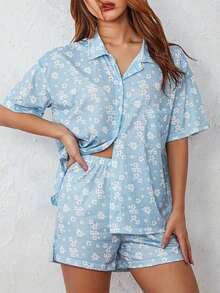Women 2 Piece Pajamas Set Short Sleeve Floral Print Button Shirt Tops Shorts - Màu xanh lam - Xem 3