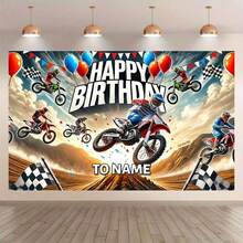 [Niestandardowy] Baner na przyjęcie urodzinowe z motywem motocykla terenowego, tło z poliestru z motywem wyścigów motocyklowych, nadaje się do dekoracji wielofunkcyjnych, fotobudki i imprez okolicznościowych bez zasilania