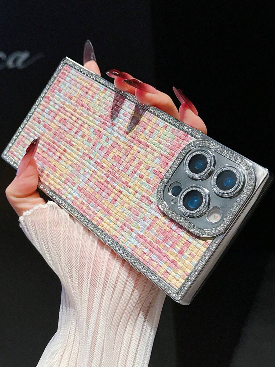 奢华时尚格子水钻边缘手机壳适用于 16 Plus 15 14 13 Pro Max 韩国复古闪光镜头保护防震手机壳 - 彩色格紋 - 查看 1