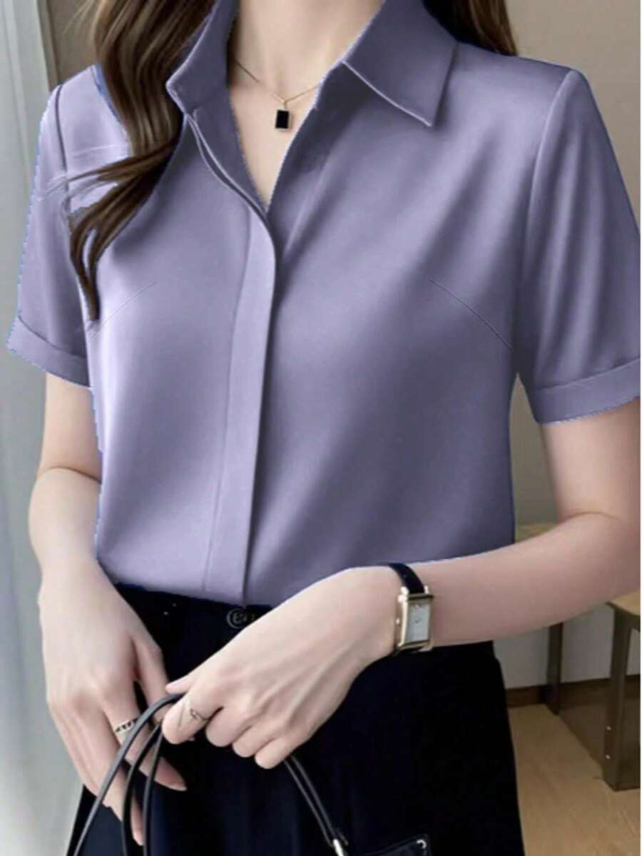 Short Sleeve Silk Design Feeling Mature Hong Kong Style Satin Blouse