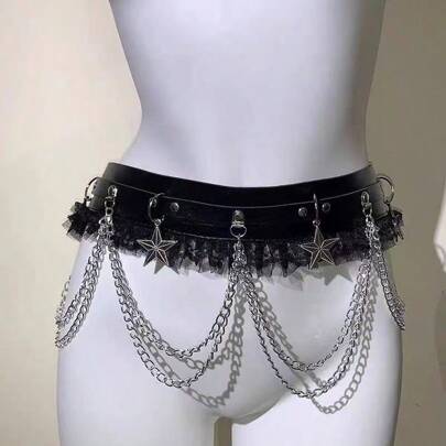 1 قطعة سلسلة خصر بتصميم نجمة خماسية النقاط ديكور أنثوي بطراز بانك داكن، سلسلة حزام مزينة بشرابات جذابة، إكسسوار متعدد الاستخدامات