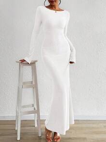 Women's Fall Fashion  Long Sleeve Maxi Dress Ribbed Knit Boat Neck Bodycon Casual Dresses Going Out Outfits - 白色 - 查看 4