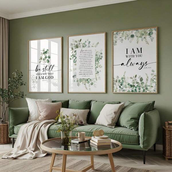 Conjunto de 3 obras de arte de pared con versículos bíblicos cristianos, impresión de lona con citas bíblicas, decoración botánica de eucalipto verde para dormitorio, sala de estar u oficina, estilo granja, regalo para ella, sin marco