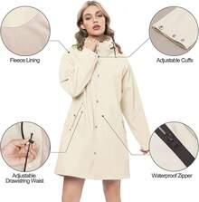 UNIQUEBELLA Rain Jackets For Women Waterproof, Raincoat Long Hooded Rain Coats Outdoor Windbreaker Trench Coat - 米色羊毛絨 - 查看 2