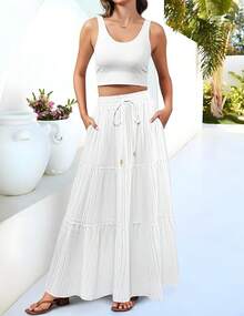 SC-SkirtWomen'sMaxiStA-LineFlowyRuffleTieredElastichWaistBeachLongStswithPocketsblack Skirt Skirt