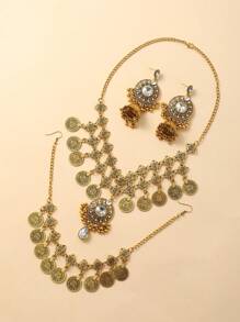 4pcs  Bollywood Style Women's Gold Necklace Set, Including 1pc Elegant Noble Fringe Necklace Studded With Purple/Green/White/Black Rhinestones, 1 Pair Exquisite Tassel Earrings, And 1pc Vintage Bohemian Style Head Chain, Ideal For Wearing At Festive Events Or As A Thanksgiving Gift Jewelry Set.