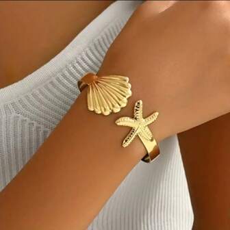 European & American Chic Polished Wide Adjustable Bangle, Summer Starfish & Shell Ring
