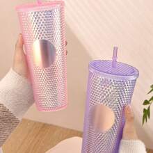 1 件，710ml/24oz 带盖和吸管的铆钉玻璃杯，可重复使用的塑料杯，双层闪亮旅行玻璃杯，适用于冰咖啡杯，冷水，冰沙，宽口，防溢，夏季冬季饮具，旅行配件，礼品 - 彩色 - 查看 1