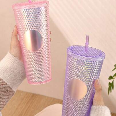 1pc, 710ml/24oz Studded Tumbler With Lid And Straw, Reusable Plastic Cup, Double Walled Shiny Travel Tumbler For Iced Coffee Cup, For Cold Water, Smoothie, Wide Mouth, Spill Proof,Summer Winter Drink Ware, Travel Accessories, Gifts