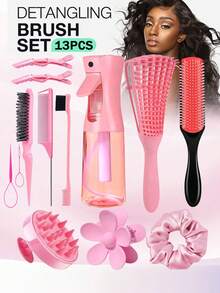2013年1月5日 男女通用美发梳套装，包含：顺发梳、侧梳、后梳、带喷雾瓶的卷发梳、直发梳、头皮按摩梳、宽齿梳、发夹和造型梳套装 - 适合所有发质，满足旅行需求，返校季必备，旅行必备，女士美发配件，梳子，木质梳子，迷你梳子，顺发梳，卷发梳，美发工具，旅行必备，发型，护发，美发梳 - 彩色 - 查看 10