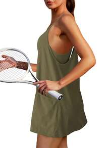 Womens Sleeveless Athletic Hot Shot Mini Dress With Built-In Shorts Sundress - Army Green - View 2