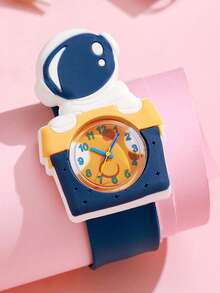 1pc Casual & Cute Cartoon 3D Rocket & Astronaut Print Quartz Watch, Suitable For Birthday, Back To School, Summer Vacation, Halloween Gift - Navy Blue - View 1