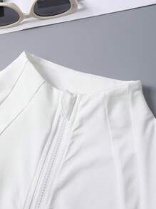 Women's Stand Collar Fitted Sports Jacket, Zipper Closure, Thumb Hole, Daily Wear, Fitness, Running, Yoga - White - View 7