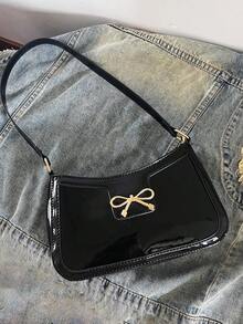 女士时尚优雅新月形腋下单肩包，休闲风格，亮漆黑色纯色腋下钱包，通勤百搭，蝴蝶金属装饰 - 黑色 - 查看 6