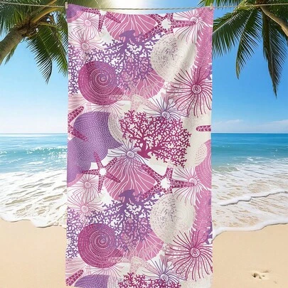 1条印花沙滩巾，粉紫色贝壳图案，时尚百搭，超强吸水，适用于浴室、游泳、健身、瑜伽等场合。柔软舒适的超细纤维材质，轻便易携，防风、防晒、防沙，是夏季旅行、度假和浴室装饰的理想之选。建议选择常规尺寸或更大尺寸（小号35*75厘米，建议150厘米或以上）。