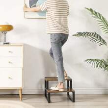 重型两步凳，铁木组合，承重高达 226.8 公斤，木质增高，换鞋，适用于卧室、厨房、浴室 - 灰色/棕色，浴室凳 | 优雅的凳子设计 | 木制凳子 - 棕色 - 查看 8